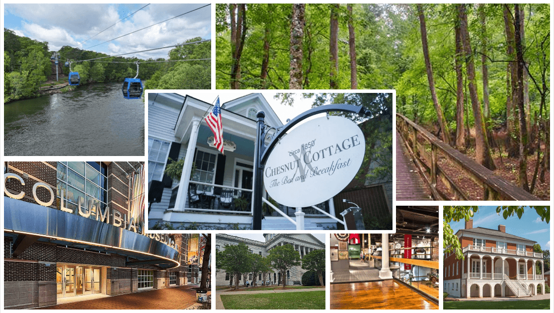 A collage featuring scenic views, a bed and breakfast sign, and various architectural details from a town. A collage featuring scenic views, a bed and breakfast sign, and various architectural details from a town.