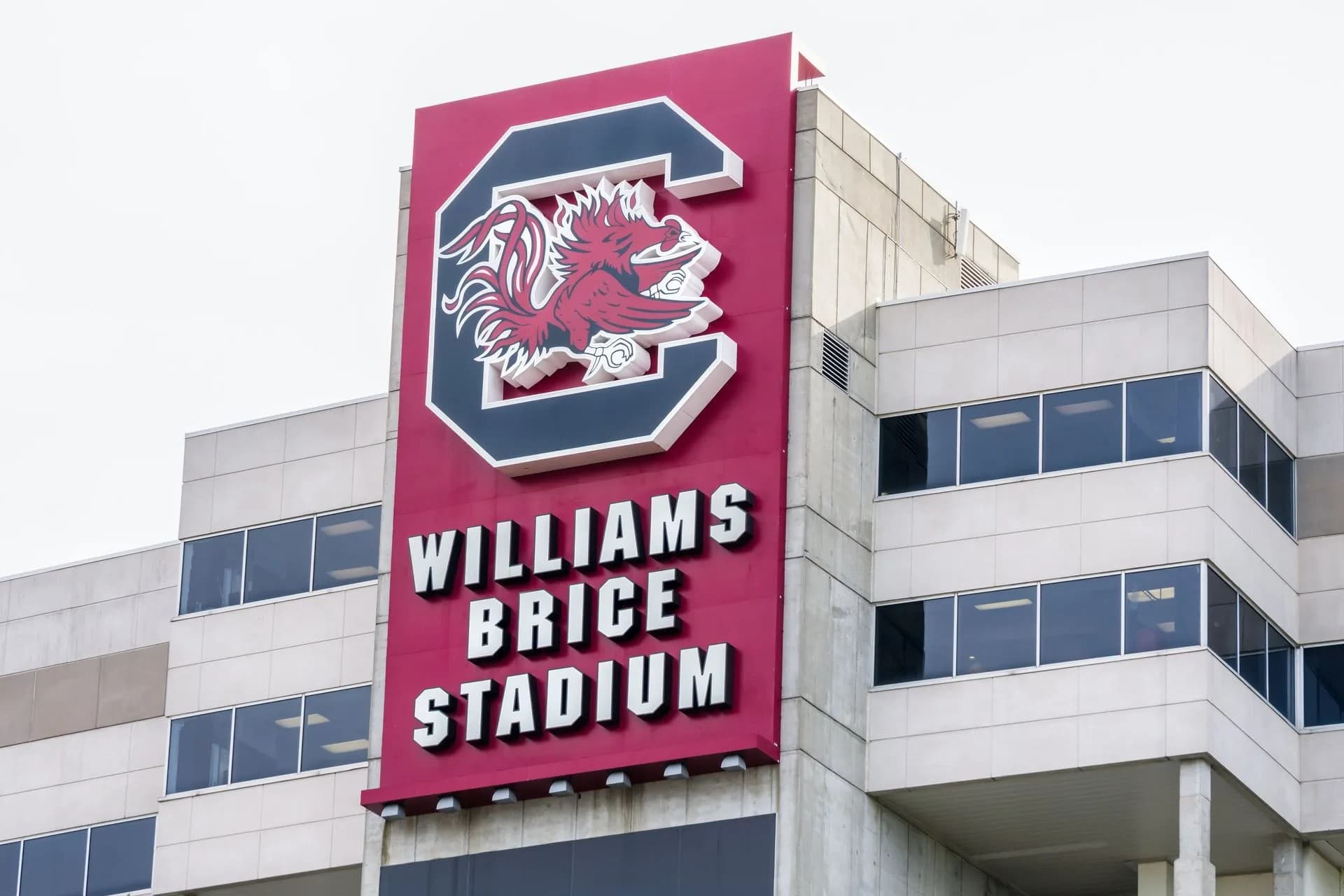 Signage of Williams Brice Stadium featuring a Gamecock logo.